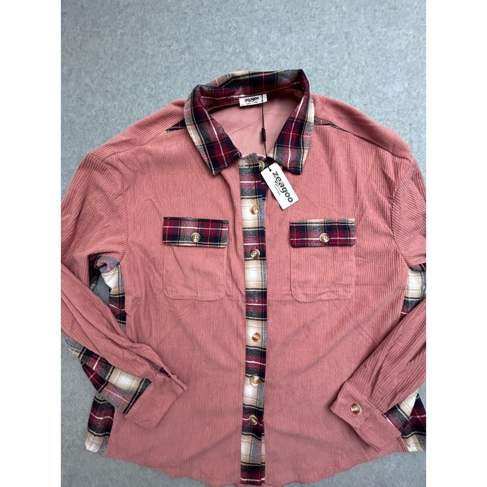 Zeagoo Womens XXL Pink Corduroy Plaid Colorblock Button Down Shirt Shacket NWT - Picture 1 of 11